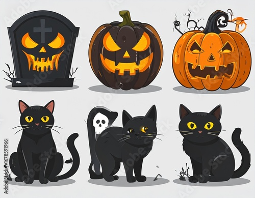 Spooky Halloween Icons: Jack-o'-Lanterns, Black Cats, and Scary Tombstone