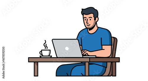 Productive Young Man Working on Laptop at Home Office Desk with Coffee, Embracing Remote Work Lifestyle