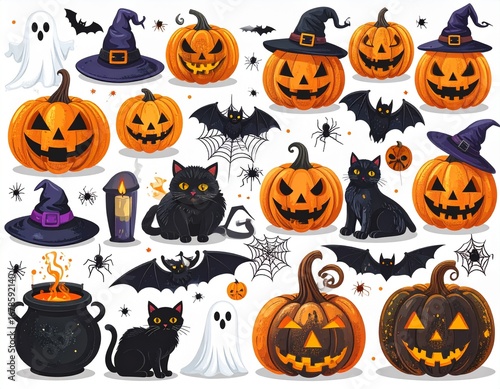 Artistic Set of Halloween Icons and Spooky Characters