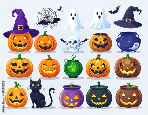 Set of Cute Halloween Icons with Pumpkins, Ghosts, and Witch Hats
