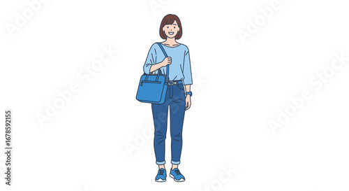 A young woman casually poses with a satchel over her shoulder in an illustration