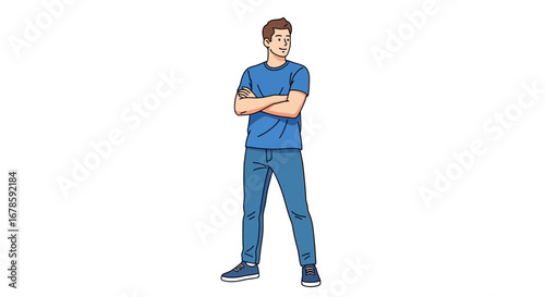 A confident young man in casual attire standing and looking away with arms crossed, isolated
