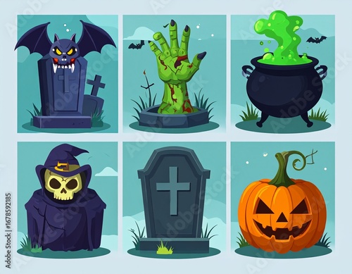 Set of Spooky Halloween Scenes with Monsters and Graveyards