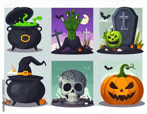 Collection of Spooky Halloween Icons with Jack-o'-Lanterns, Skulls, and Cauldrons