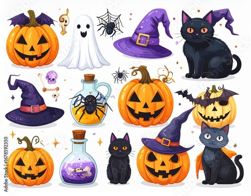 Watercolor Halloween Icons Collection with Pumpkins, Witches, and Cats