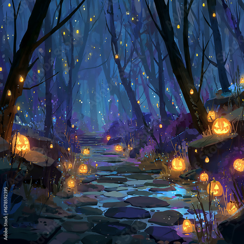 Vector art of an enchanted forest path lit by floating jack-o-lanterns, magical and mysterious