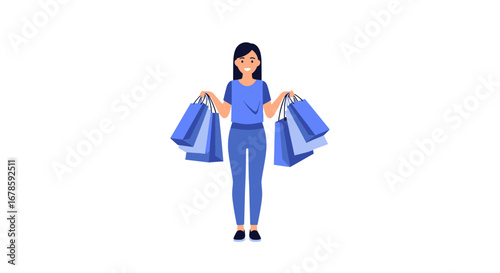 Happy Shopper with Lots of Bags Retail Therapy Illustration