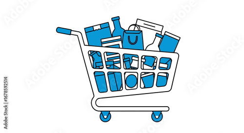 Blue line icon of a supermarket cart full of groceries, food ingredients, and products for home cooking and daily life