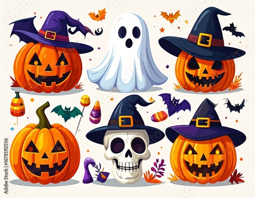 Set of Spooky Halloween Characters: Jack-o'-Lantern, Ghost, and Skull