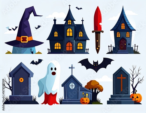 Spooky Halloween Haunted House and Graveyard Icons, Flat Vector Illustration
