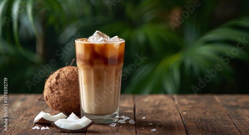 Iced Coconut Latte on a Wooden Table with Tropical Greenery Background, CloseUp.