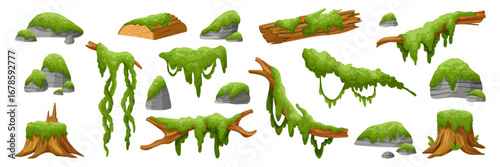 Green moss. Forest tree branch. Texture for game asset. Cartoon tropical lichen, exotic hanging liana. Grass, oak moss for background. Swamp plant. Vector icon garish nature isolated landscape set