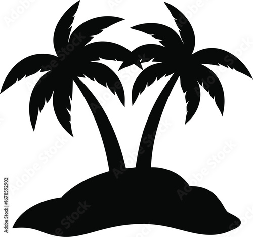 Silhouette of two palm trees on a small island with a smooth horizon line minimalist tropical paradise design silhouette