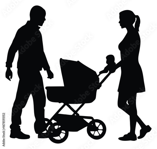 Silhouette of a family pushing a baby stroller parental love and care