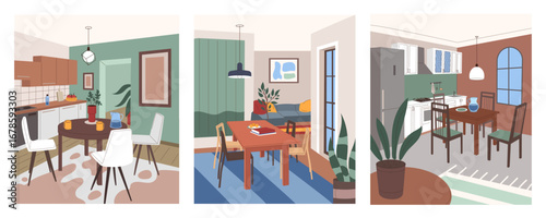 Room for dinner. Interior of kitchen with dining table. Design house. Space for breakfast and lunch. Cute furniture. Cozy decor. Curtain at window. Houseplant and sofa. Vector tidy apartment areas set