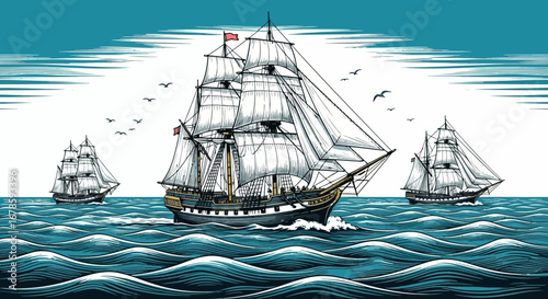 Three sailing ships with white sails navigate a wavy blue ocean under a bright, stylized sun and flock of birds.