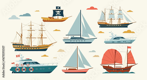 Illustration of various types of boats and ships, including sailboats, yachts, a pirate ship, and a junk, against a light background with clouds.