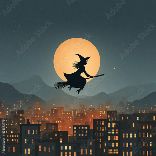 Witch flying on broomstick above the city at night, vector style, glowing windows, Halloween vibes