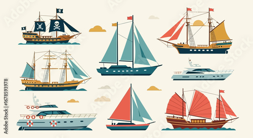 A collection of seven illustrated boats and ships, including sailboats, a pirate ship, and yachts, set against a light background with cloud accents.