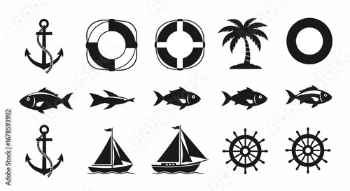 A collection of nautical themed icons including anchors, life preservers, fish, sailboats, a palm tree, and ship wheels, all in black and white.