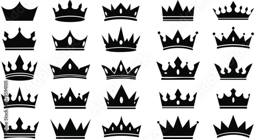 Collection of elegant black crown icons symbolizing royalty, leadership, and achievement