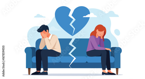 Illustration of a sad couple sitting apart on a couch with a broken heart between them, symbolizing divorce, breakup, emotional pain, and relationship struggles