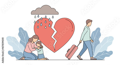 Illustration of a mother comforting her child while a father walks away with luggage, symbolizing divorce, broken family, emotional pain, and the struggles of separation