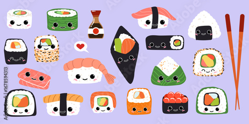 Sushi kawaii sticker. Cute character. Cartoon fish, rice with wasabi and soy sauce, roll with avocado. Food icon art. Nori wrap. Green paste. Japanese, Asian dish. Menu elements. Vector isolated set