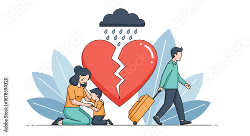 Illustration of a mother comforting her child while a father walks away with luggage, symbolizing divorce, broken family, emotional pain, and the struggles of separation