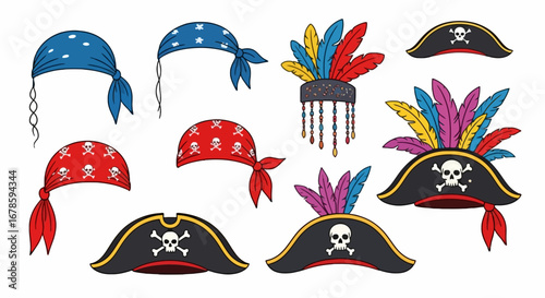 A collection of nine pirate hats and bandanas in various styles, colors, and designs, including skull and crossbones and feather embellishments.