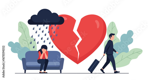 Illustration of a woman crying on a couch under rain with a man walking away carrying luggage, symbolizing heartbreak, breakup, divorce, and emotional pain of separation