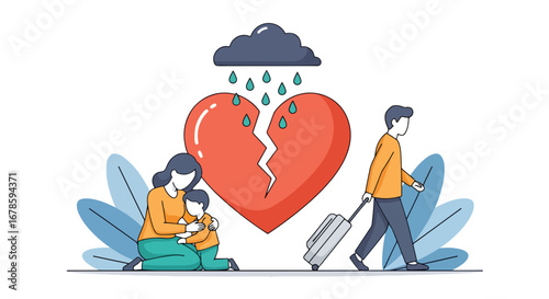 Illustration of a mother comforting her child while a father walks away with luggage, symbolizing divorce, broken family, emotional pain, and the struggles of separation