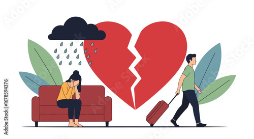 Illustration of a woman crying on a couch under rain with a man walking away carrying luggage, symbolizing heartbreak, breakup, divorce, and emotional pain of separation