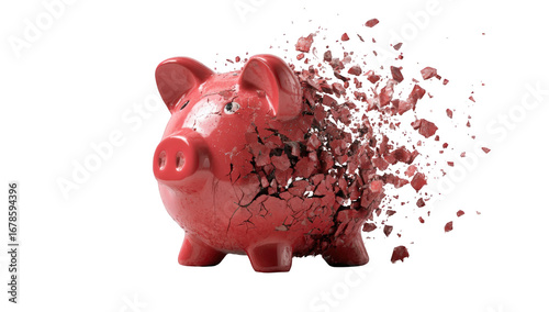 A red piggy bank shattering into pieces