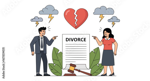 Vector illustration of a couple arguing over divorce papers under storm clouds and a broken heart, symbolizing separation, legal conflict, relationship struggles, and emotional challenges of breakup