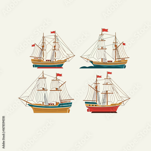 Four vintage sailing ships with masts, sails, and red flags, depicted in a flat, illustrative style against a neutral background.