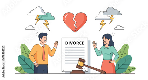 Vector illustration of a couple arguing over divorce papers under storm clouds and a broken heart, symbolizing separation, legal conflict, relationship struggles, and emotional challenges of breakup