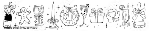 Christmas toy. Xmas decoration in crayon. Hand drawn champagne, cocktail. Whimsical bow on glass. Holiday tree. Vintage design with ribbon. Gingerbread and gift. Vector retro isolated decorative set