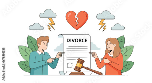 Vector illustration of a couple arguing over divorce papers under storm clouds and a broken heart, symbolizing separation, legal conflict, relationship struggles, and emotional challenges of breakup