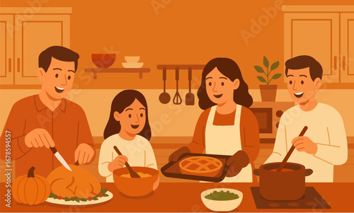 Flat vector illustration of family cooking together in kitchen. Parents and children preparing festive dinner with turkey, pie and vegetables.