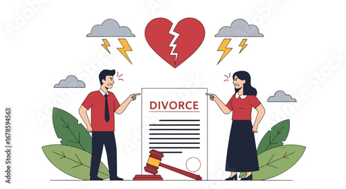 Vector illustration of a couple arguing over divorce papers under storm clouds and a broken heart, symbolizing separation, legal conflict, relationship struggles, and emotional challenges of breakup