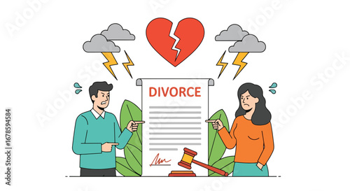 Vector illustration of a couple arguing over divorce papers under storm clouds and a broken heart, symbolizing separation, legal conflict, relationship struggles, and emotional challenges of breakup