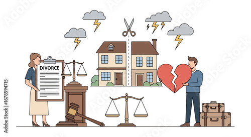 Vector illustration of divorce proceedings with a split house, broken heart, legal papers, and scales of justice, symbolizing separation, property division, emotional stress, and family conflict