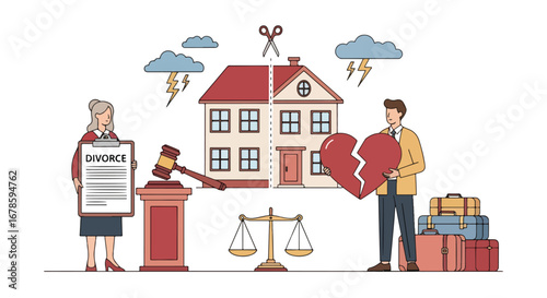 Vector illustration of divorce proceedings with a split house, broken heart, legal papers, and scales of justice, symbolizing separation, property division, emotional stress, and family conflict