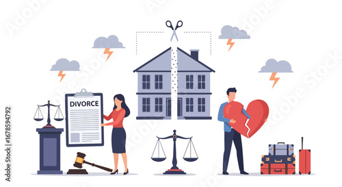 Vector illustration of divorce proceedings with a split house, broken heart, legal papers, and scales of justice, symbolizing separation, property division, emotional stress, and family conflict