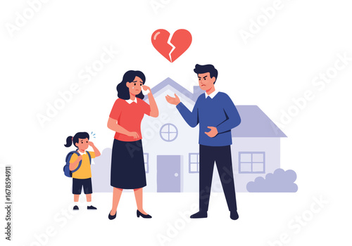 Vector illustration of a sad family with a broken heart symbol above, showing parents arguing and a crying child, representing divorce, separation, custody conflict, and emotional family struggles