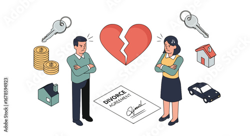 3d isometric view illustration of a couple with a broken heart and divorce agreement, symbolizing property division, financial disputes, and emotional challenges of separation and legal settlement