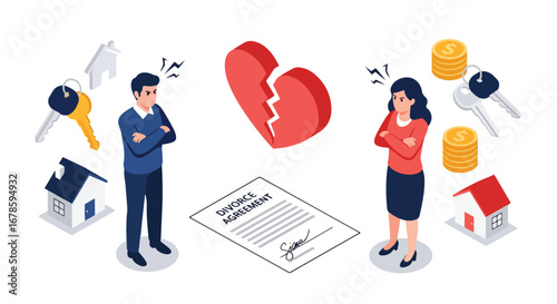 3d isometric view illustration of a couple with a broken heart and divorce agreement, symbolizing property division, financial disputes, and emotional challenges of separation and legal settlement