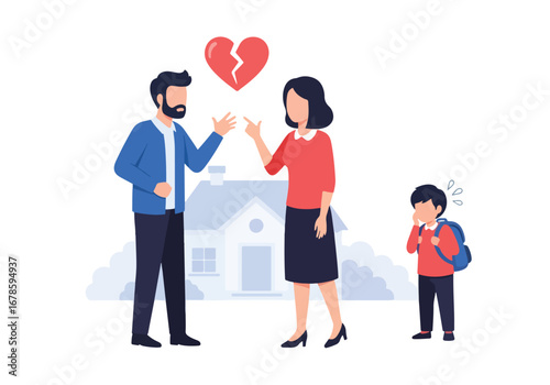 Vector illustration of a sad family with a broken heart symbol above, showing parents arguing and a crying child, representing divorce, separation, custody conflict, and emotional family struggles