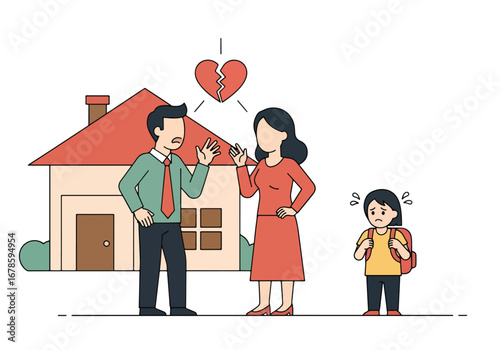 Vector illustration of a sad family with a broken heart symbol above, showing parents arguing and a crying child, representing divorce, separation, custody conflict, and emotional family struggles